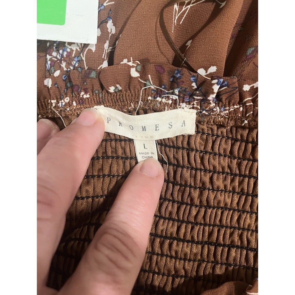 Anthropologie Promesa Smocked Baby Doll Dress Brown With Flowers L Boho Cottage - Picture 3 of 10